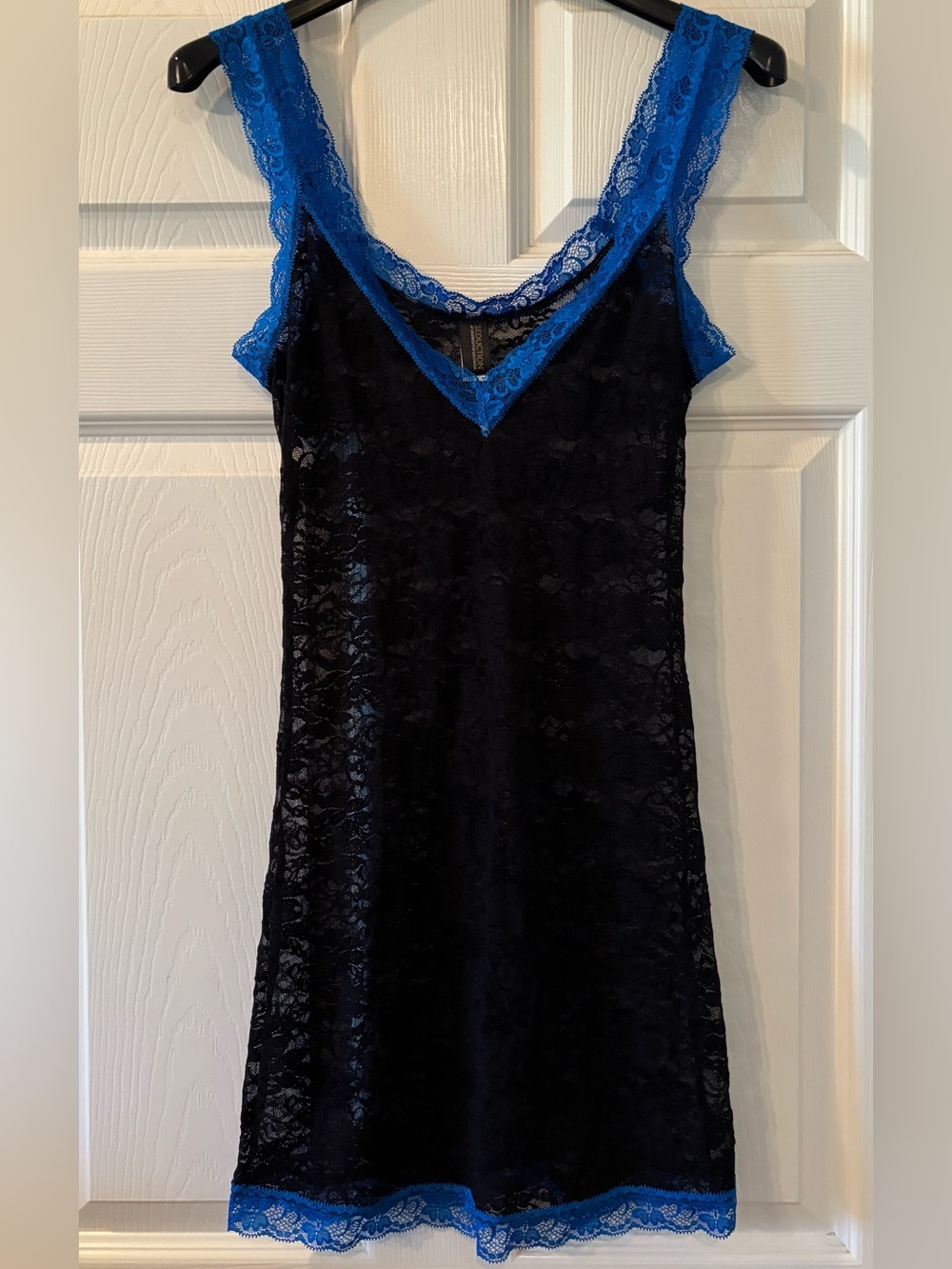 Y2K Frederick’s of Hollywood Black Lace Slip Dress with Bright Blue Lace Trim